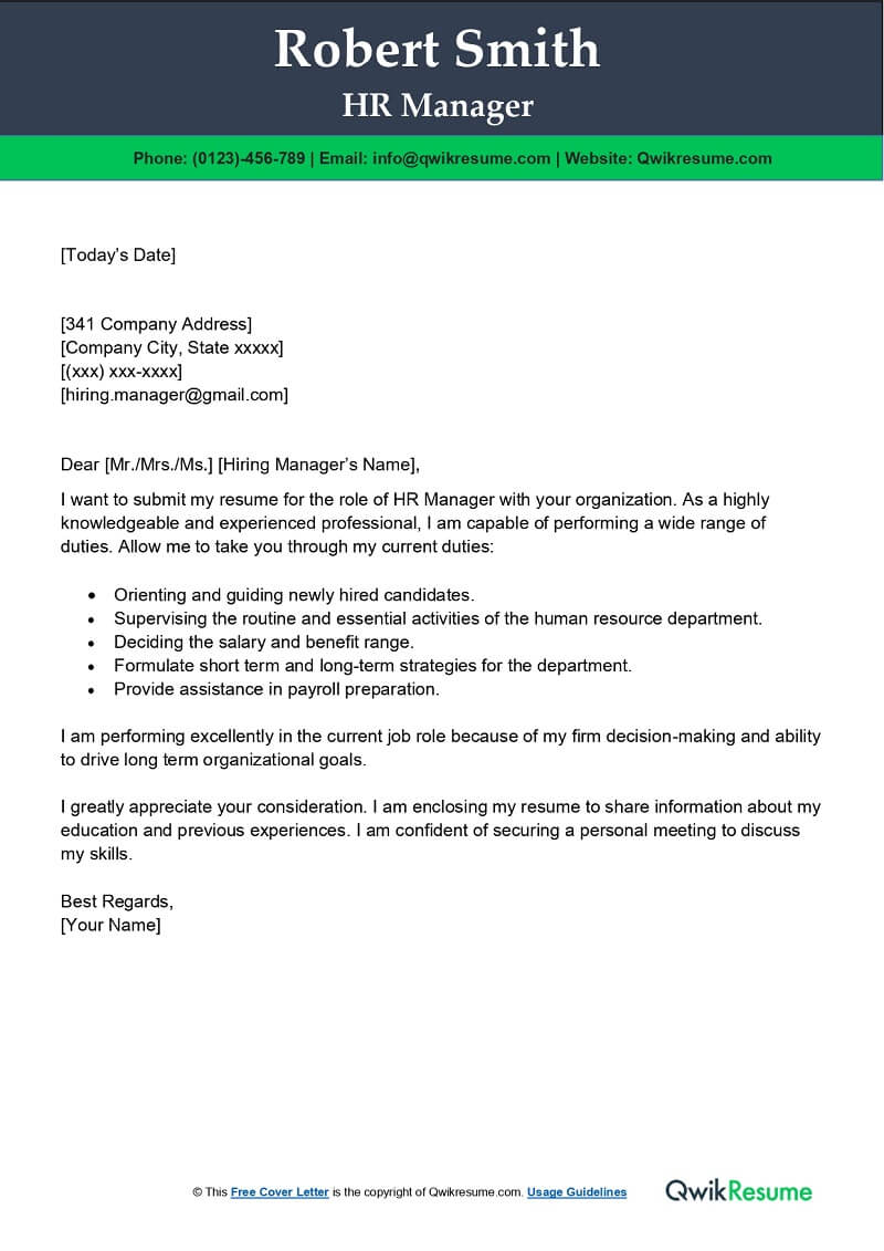 hr manager cover letter sample