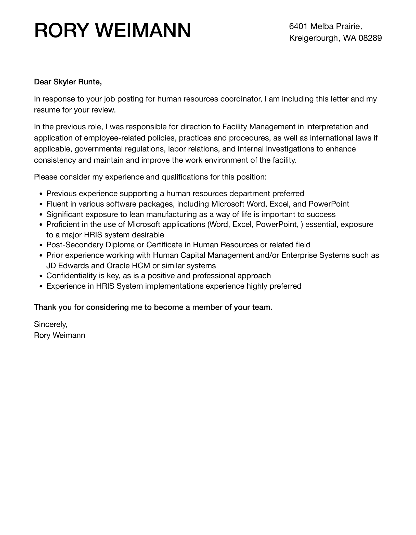 human resources coordinator cover letter
