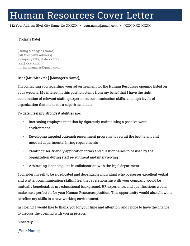 human resources cover letter examples