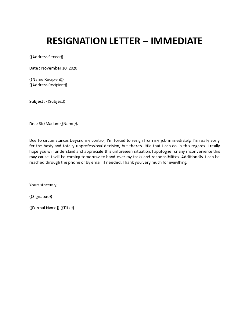 immediate resignation letter for personal reasons