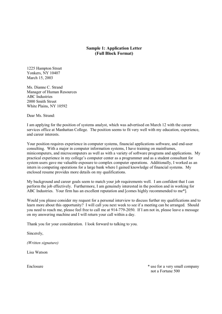 job application letter full block style
