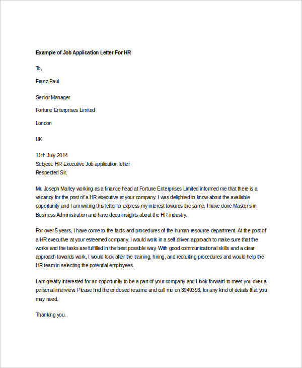letter for applying job dear hr