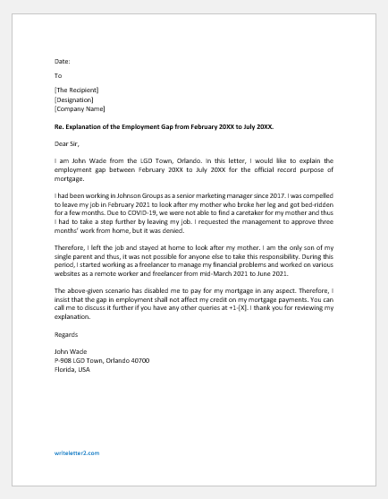 letter of explanation for gap in employment