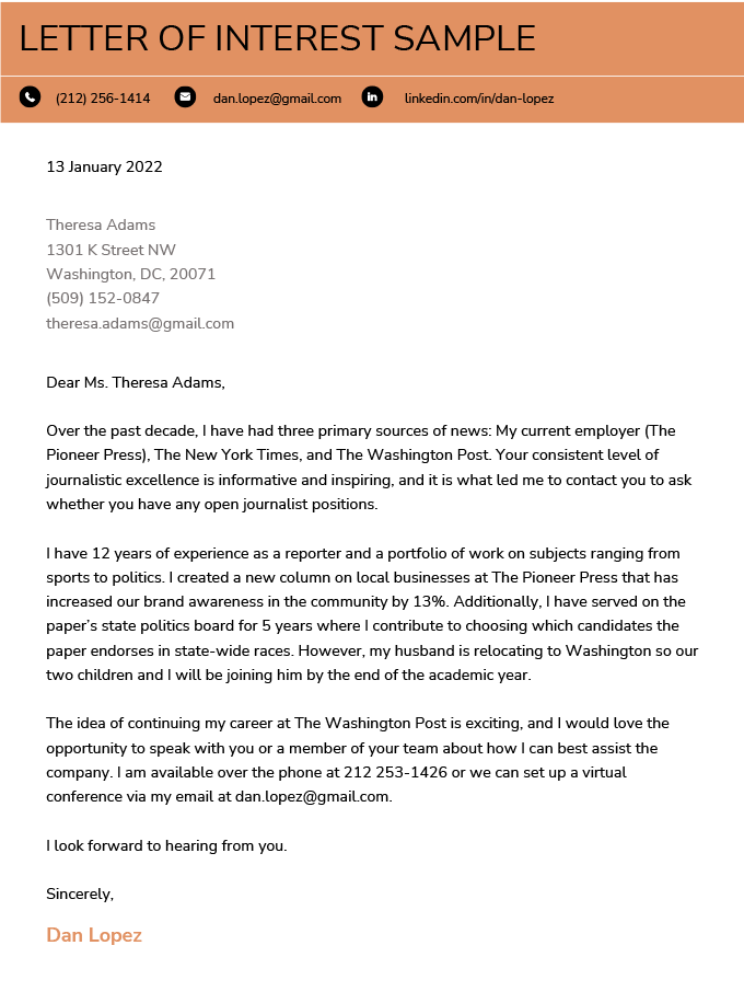 letter of interest vs cover letter