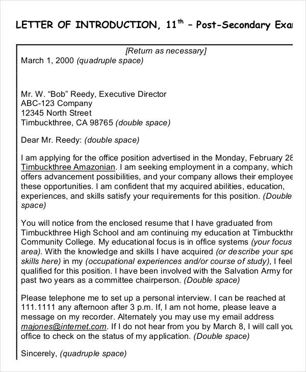 letter of introduction for job application