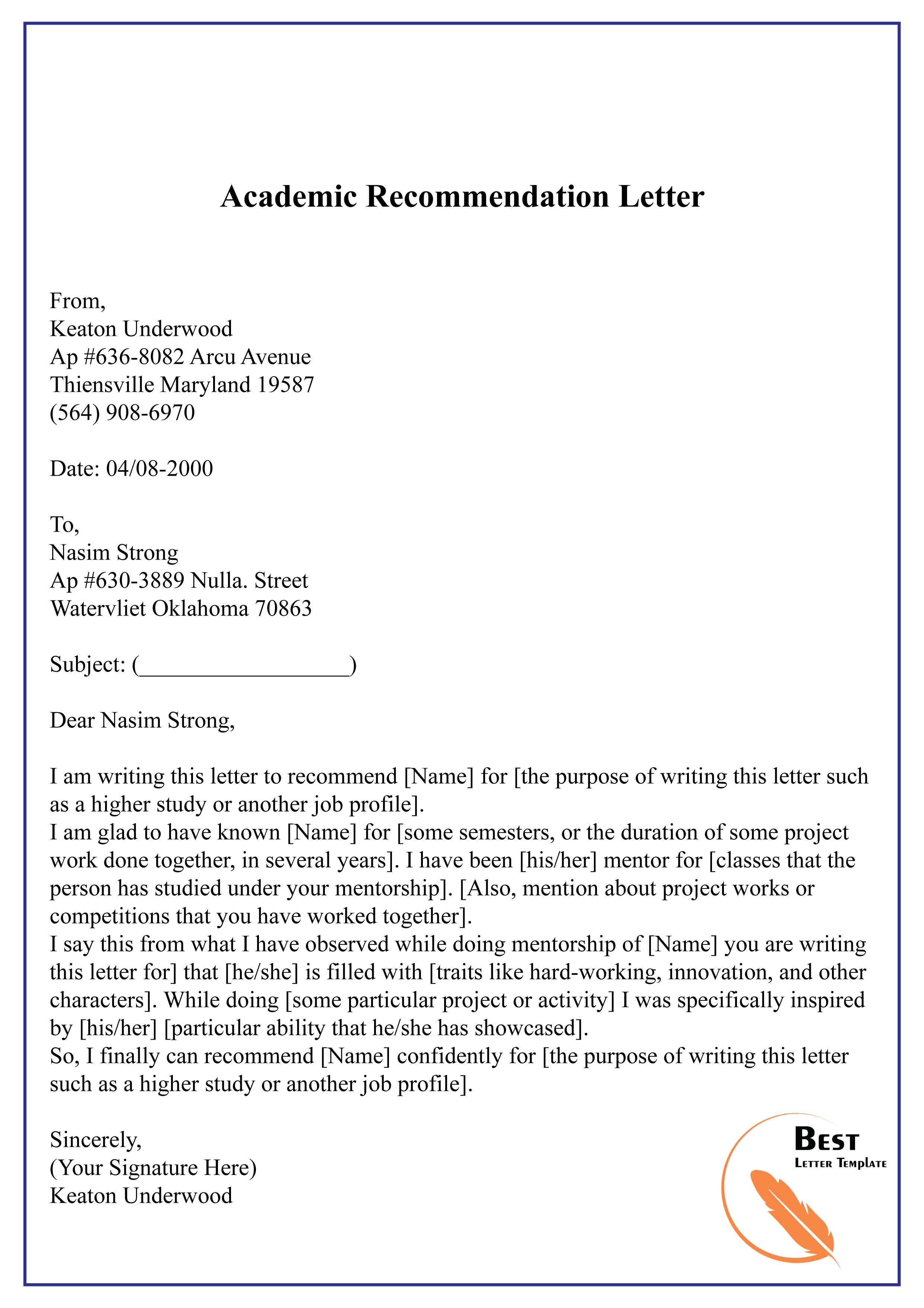 letter of recommendation academic position