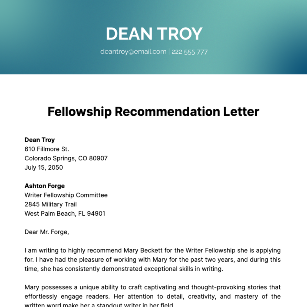 letter of recommendation fellowship template