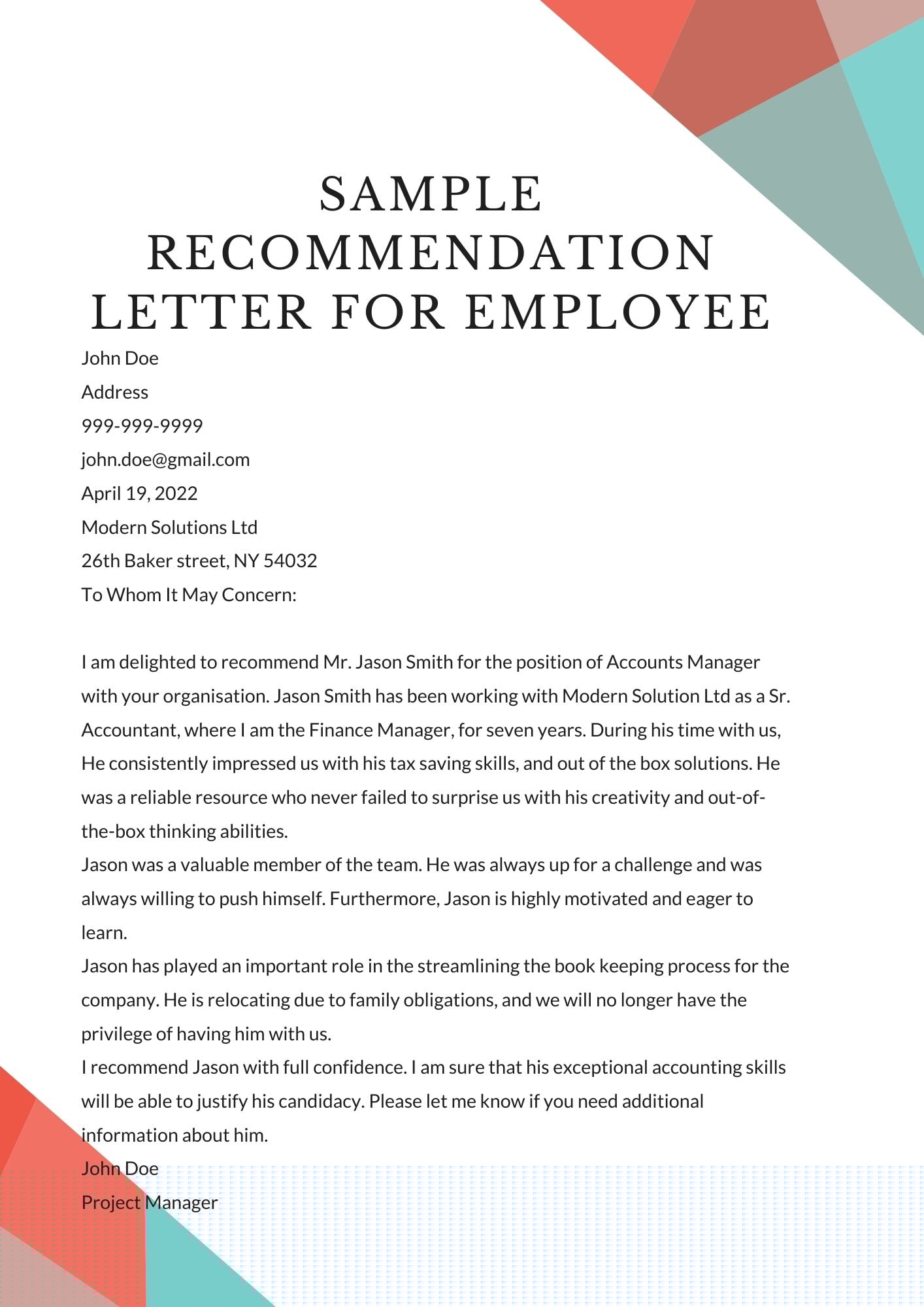 letter of recommendation for an employee