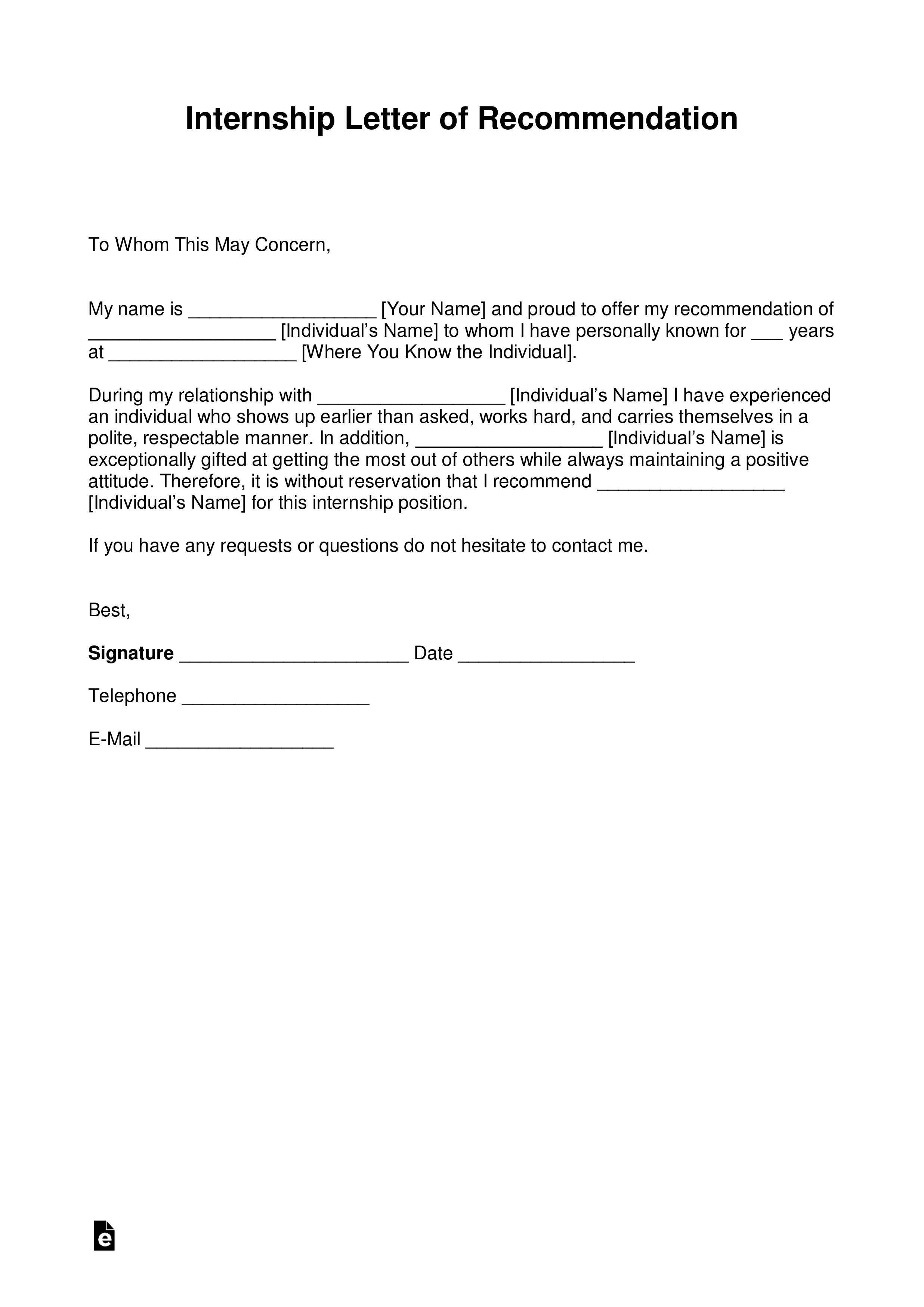 letter of recommendation for an intern