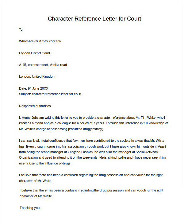 letter of recommendation for court