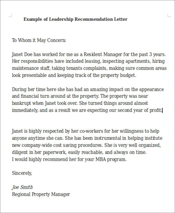 letter of recommendation for leadership program