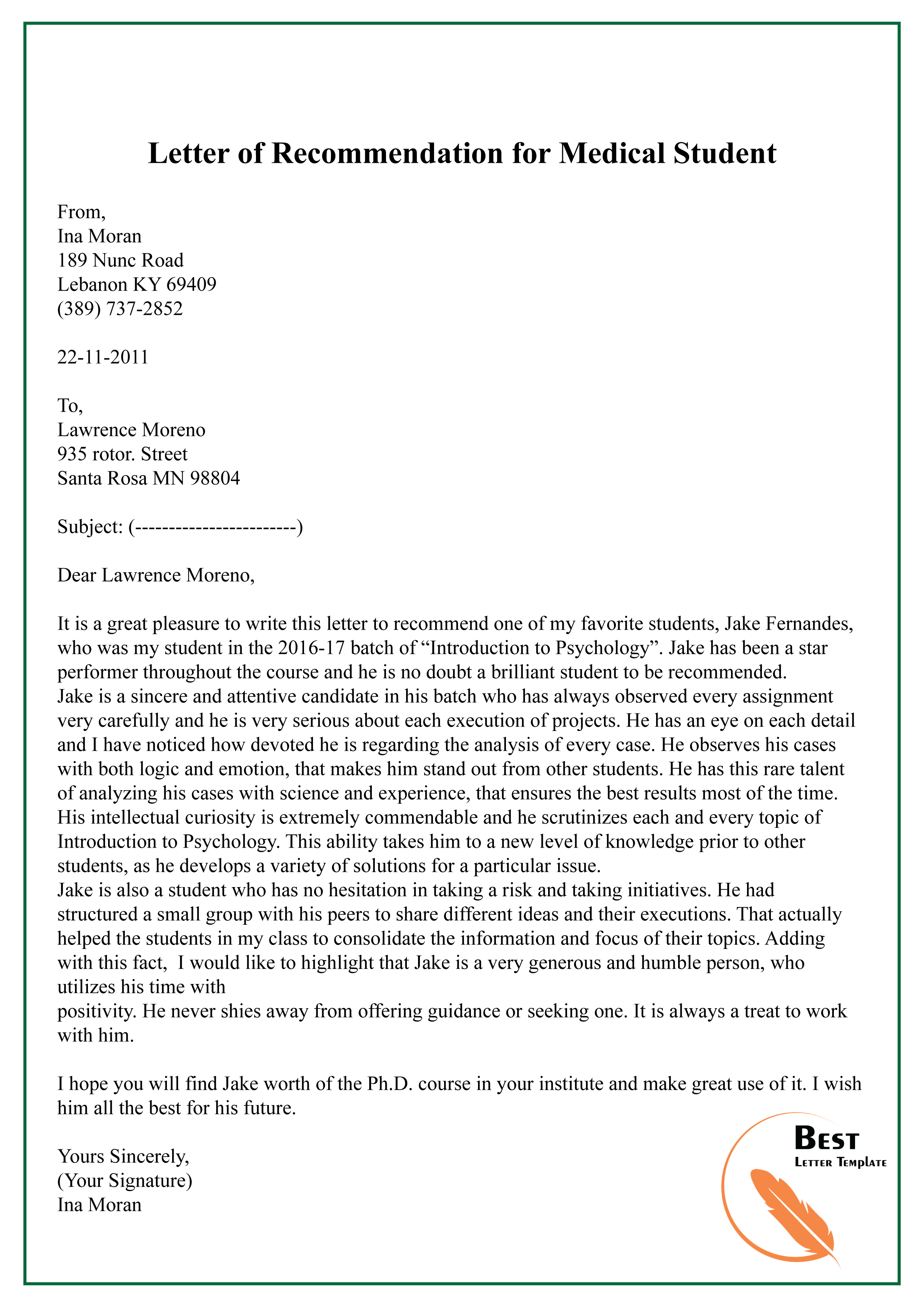 letter of recommendation sample for medical student