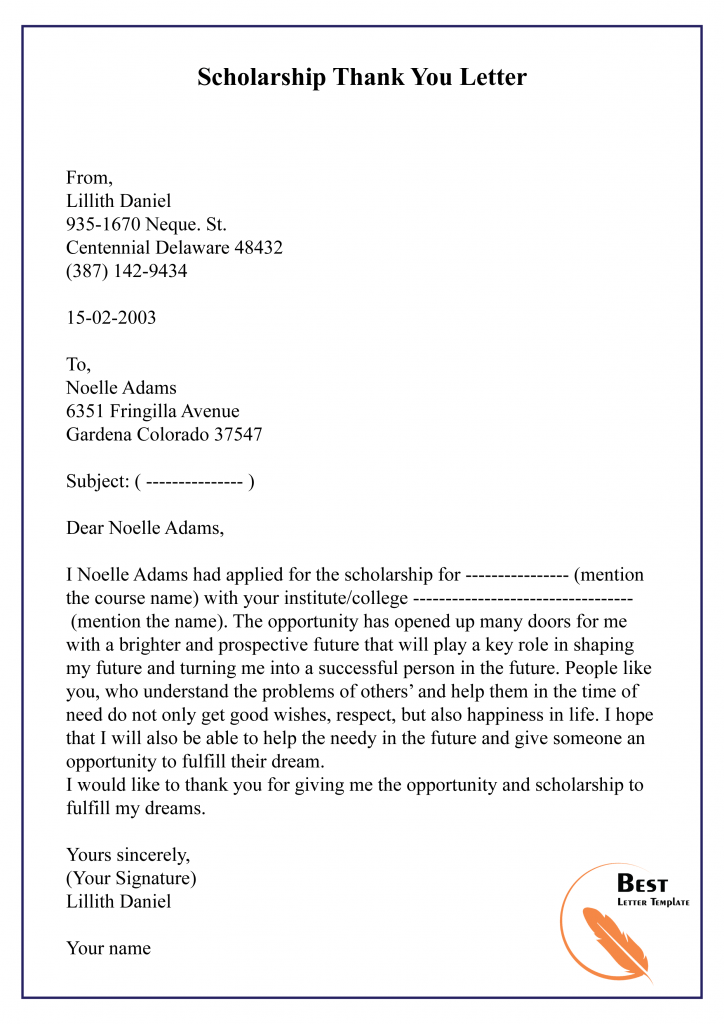 letter of thanks for scholarship layout