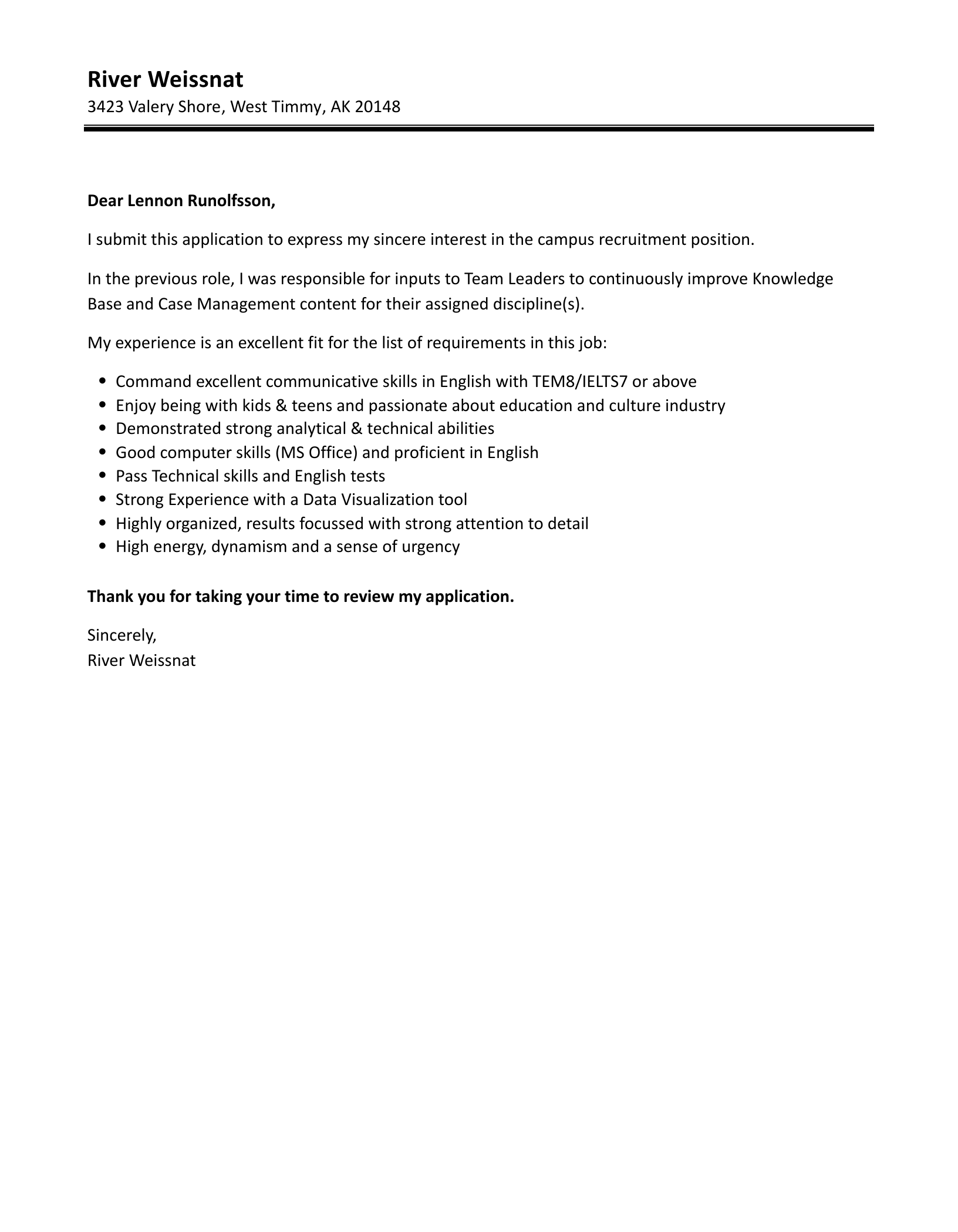 on campus job cover letter sample