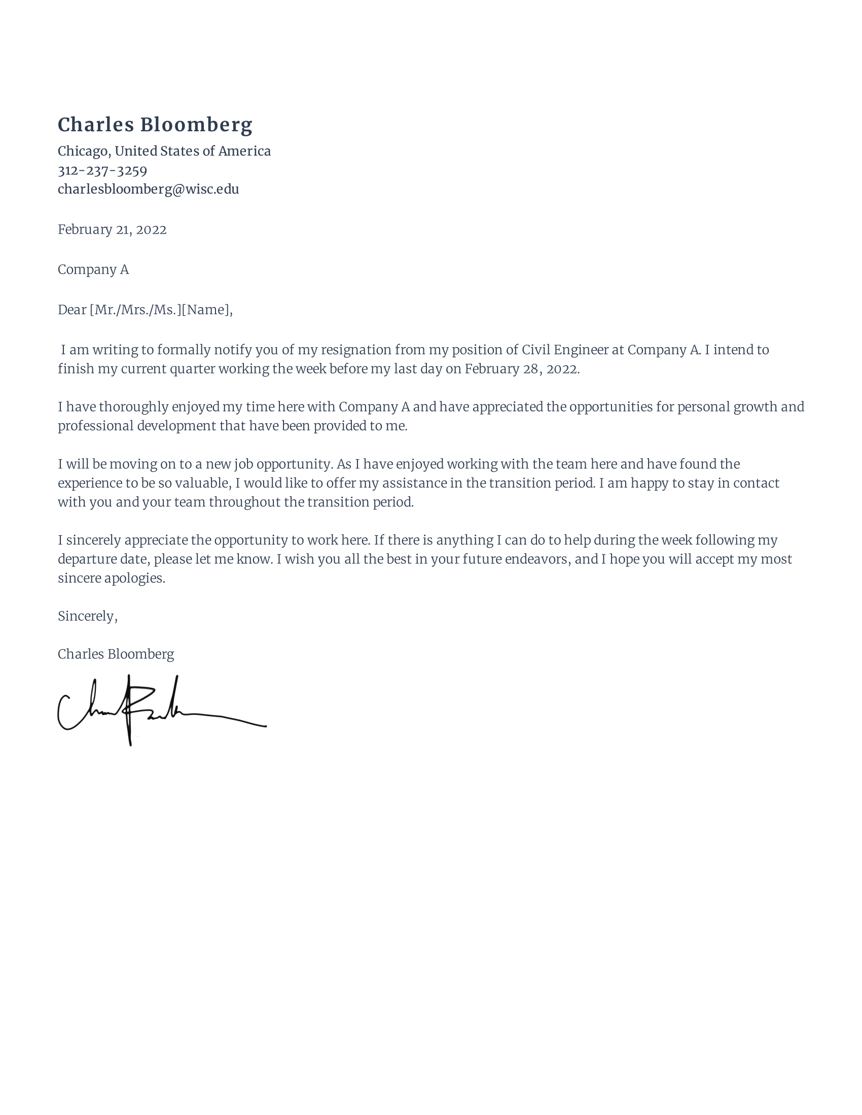 one week notice resignation letter