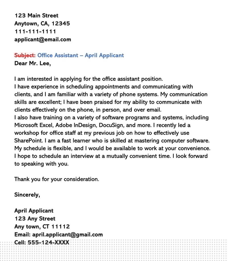 part time cover letter sample