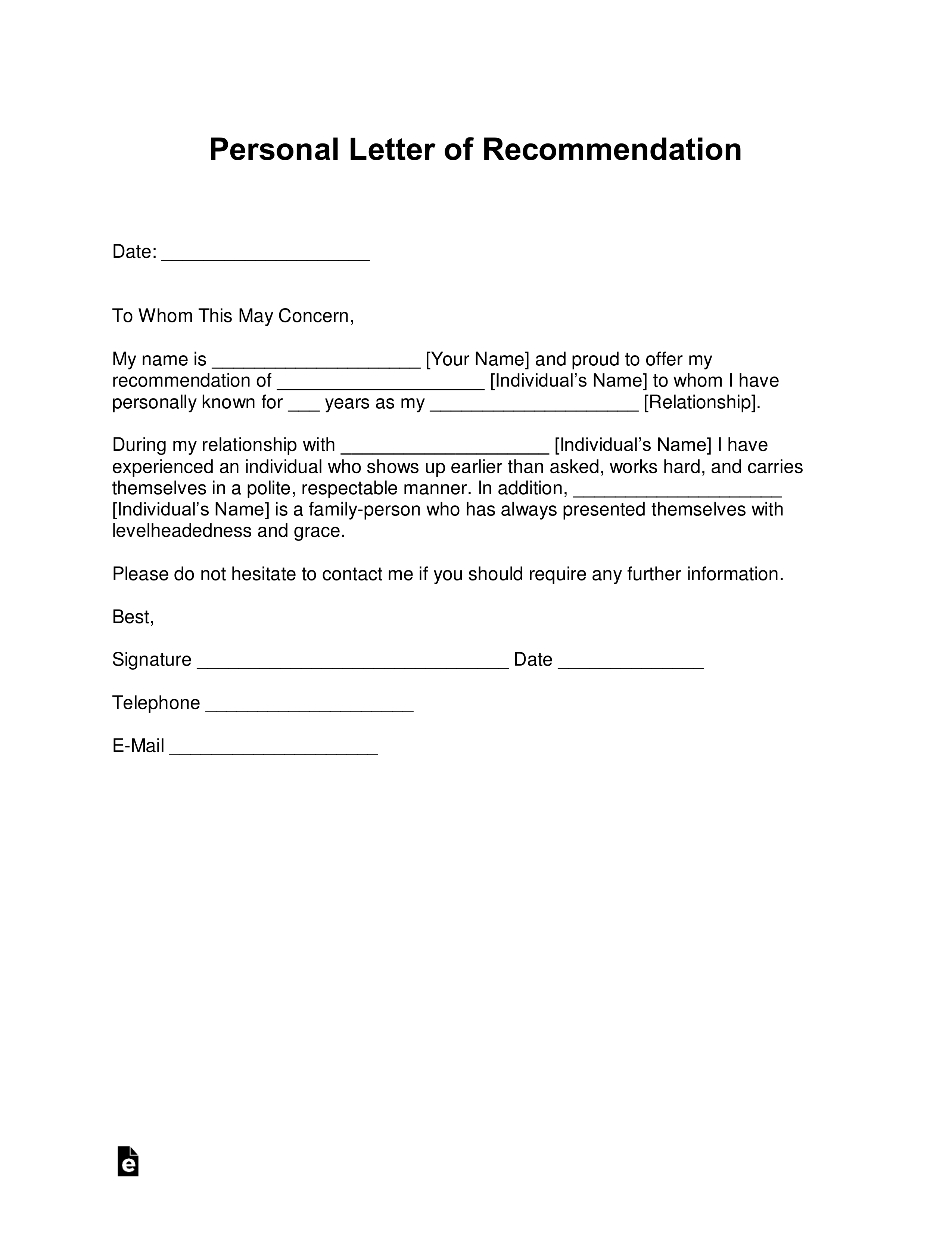 personal reference letter of recommendation