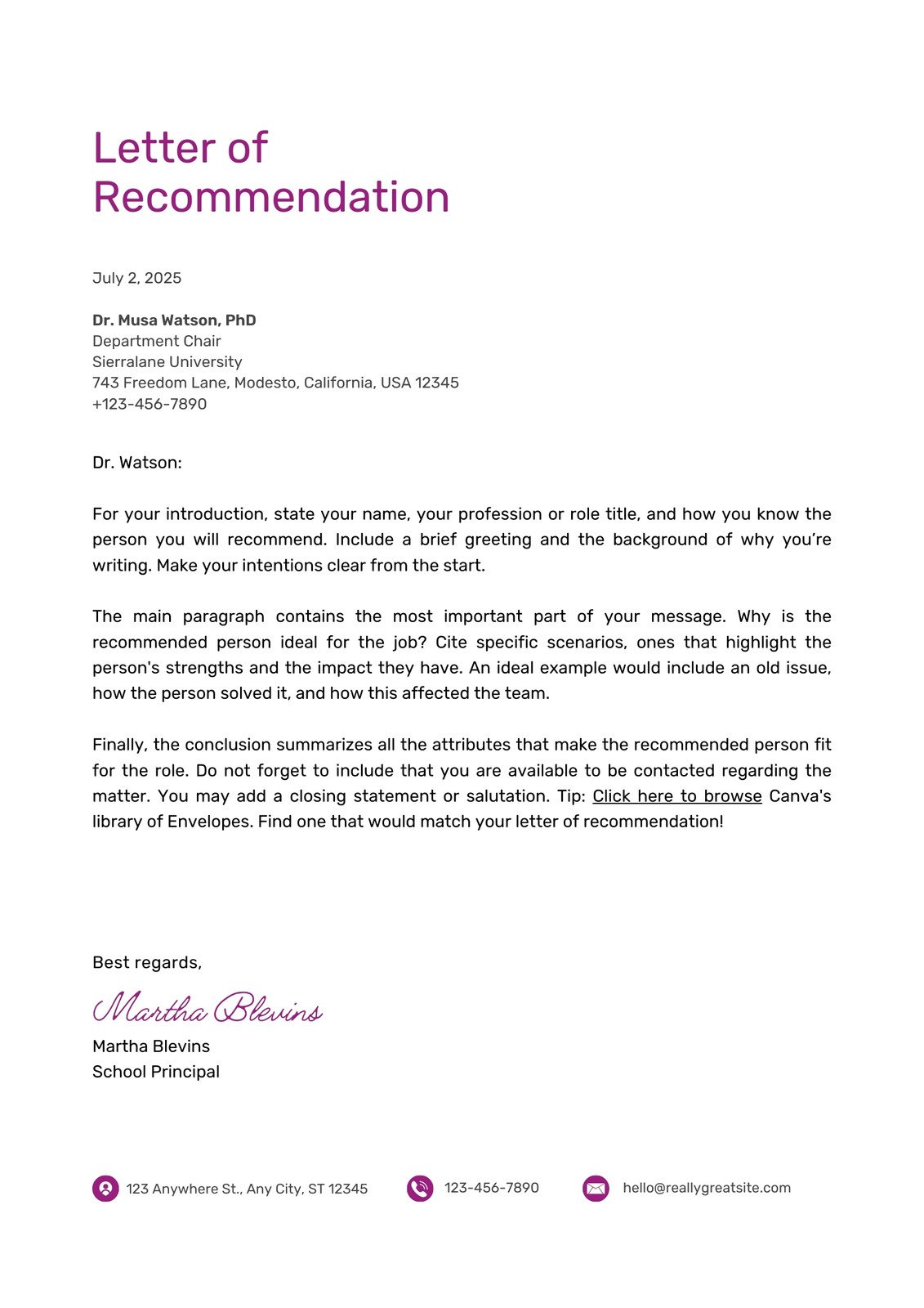 printable letter of recommendation template