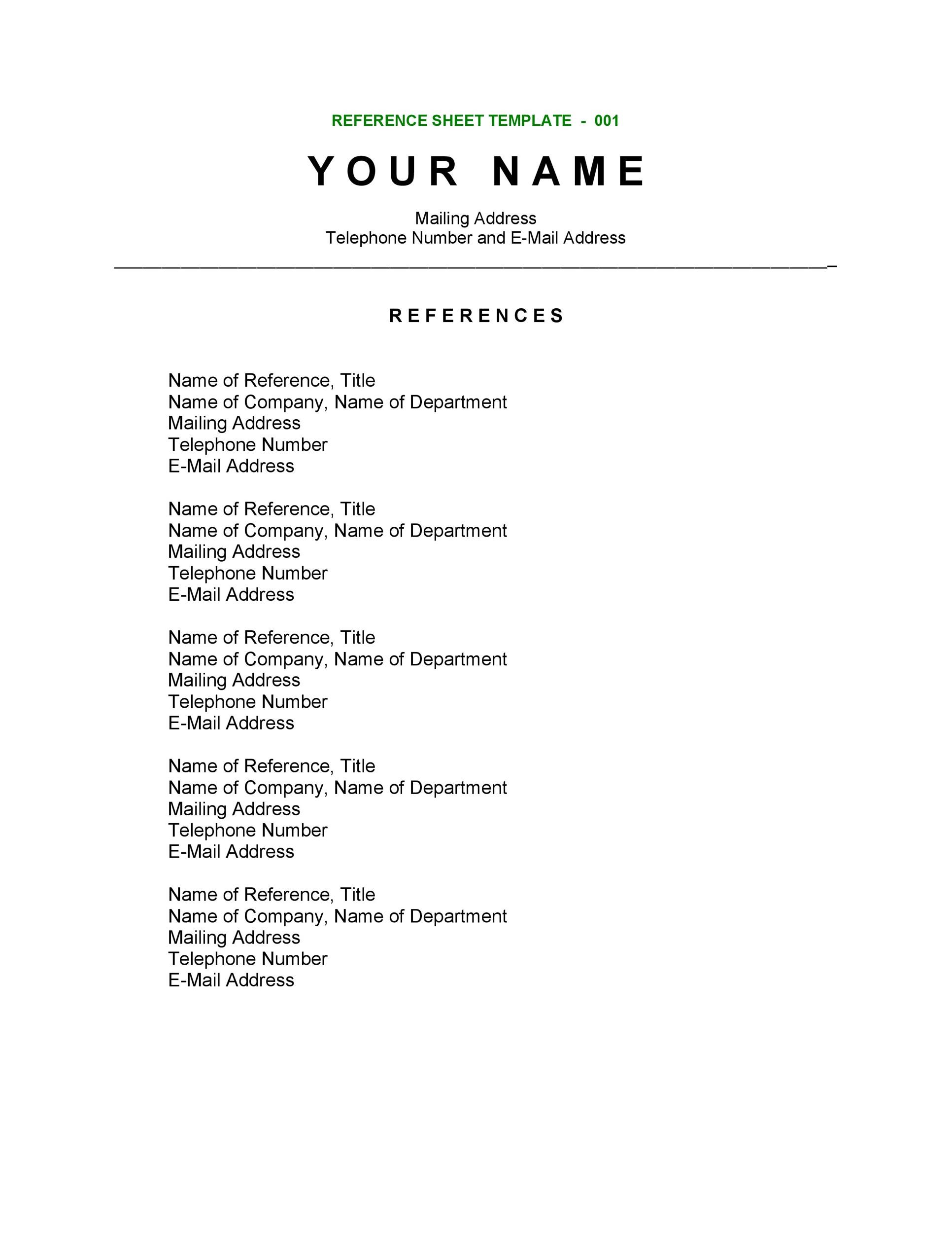 professional reference list template word