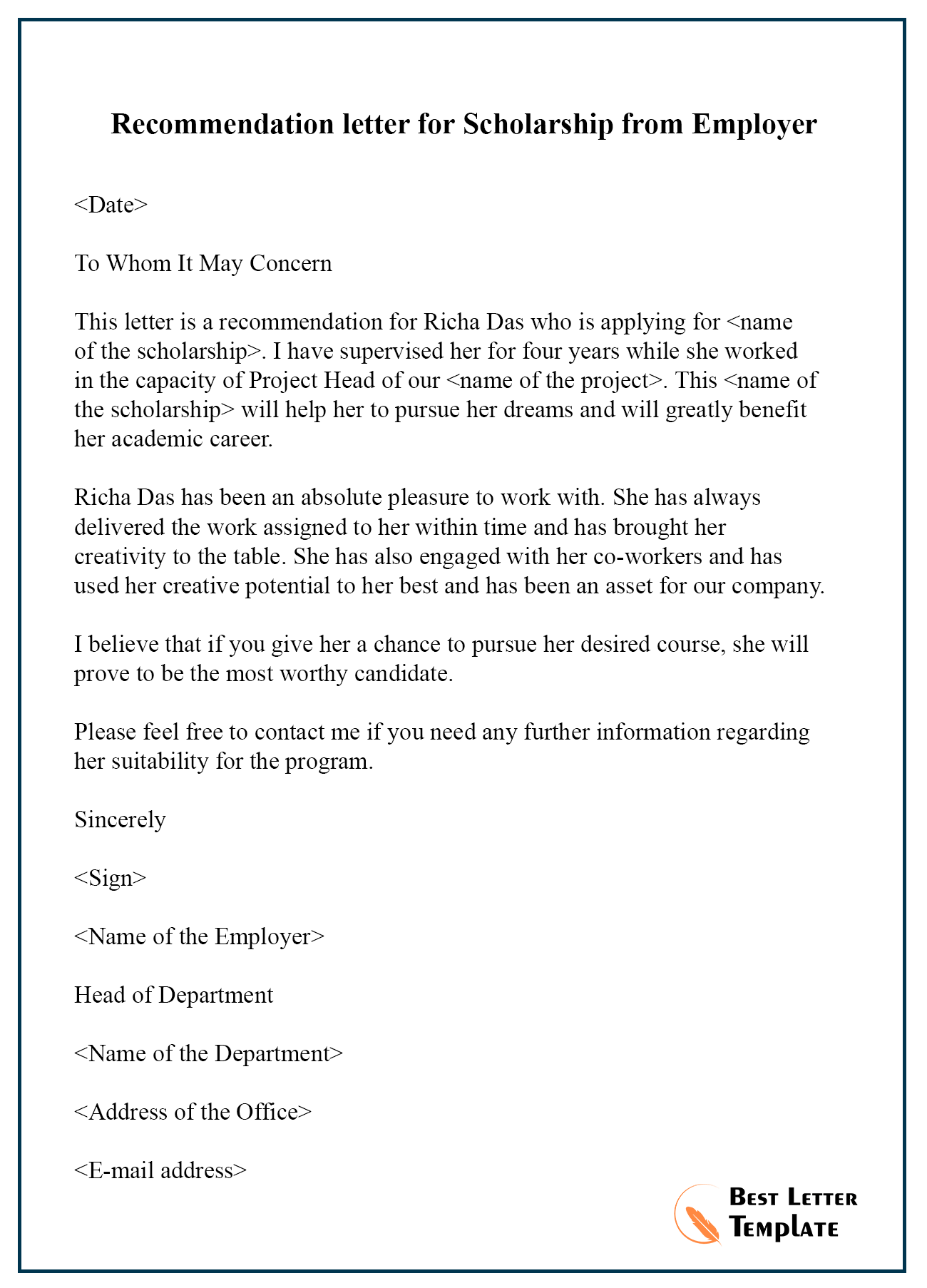recommendation letter for scholarship from employer