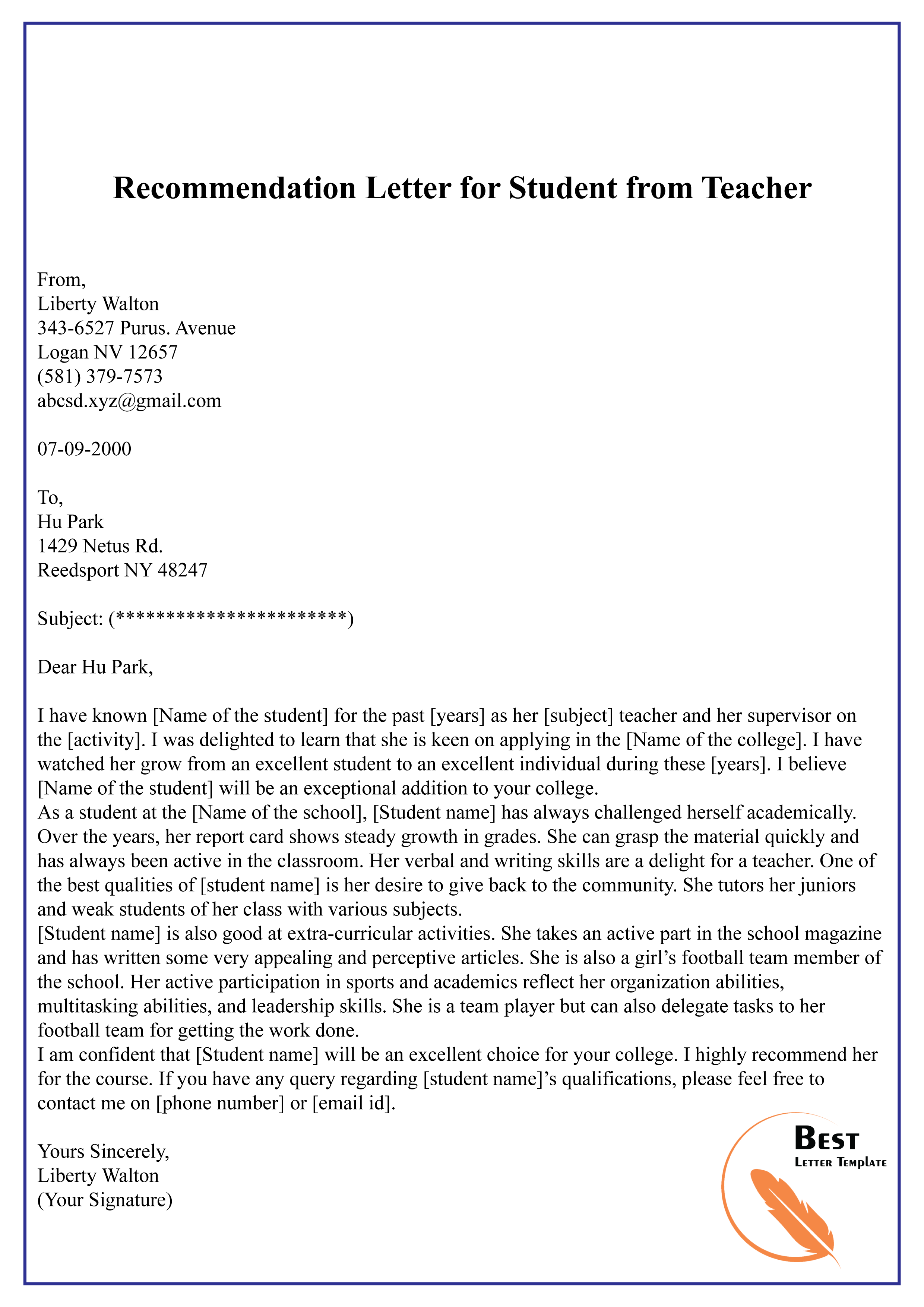 recommendation letter for student from teacher