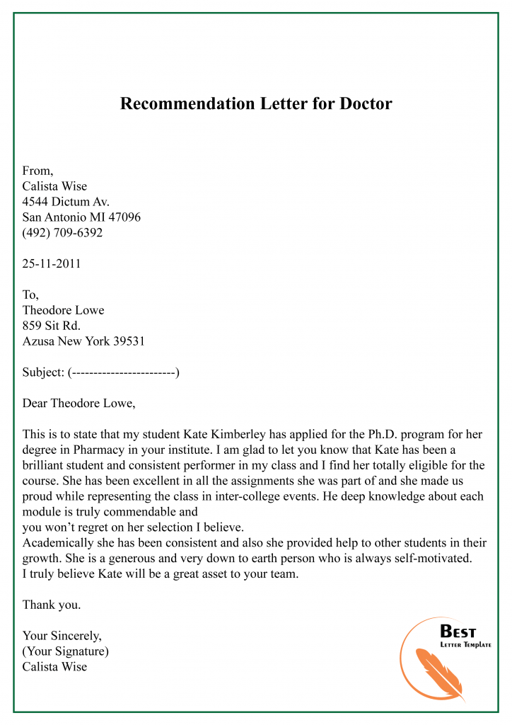 recommendation letter medical doctor sample