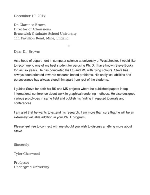 recommendation letter sample for phd