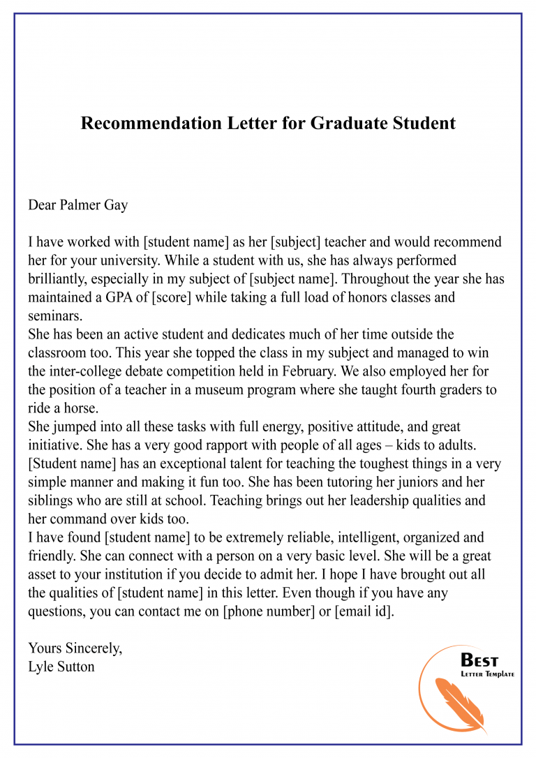 recommendation letter sample graduate student