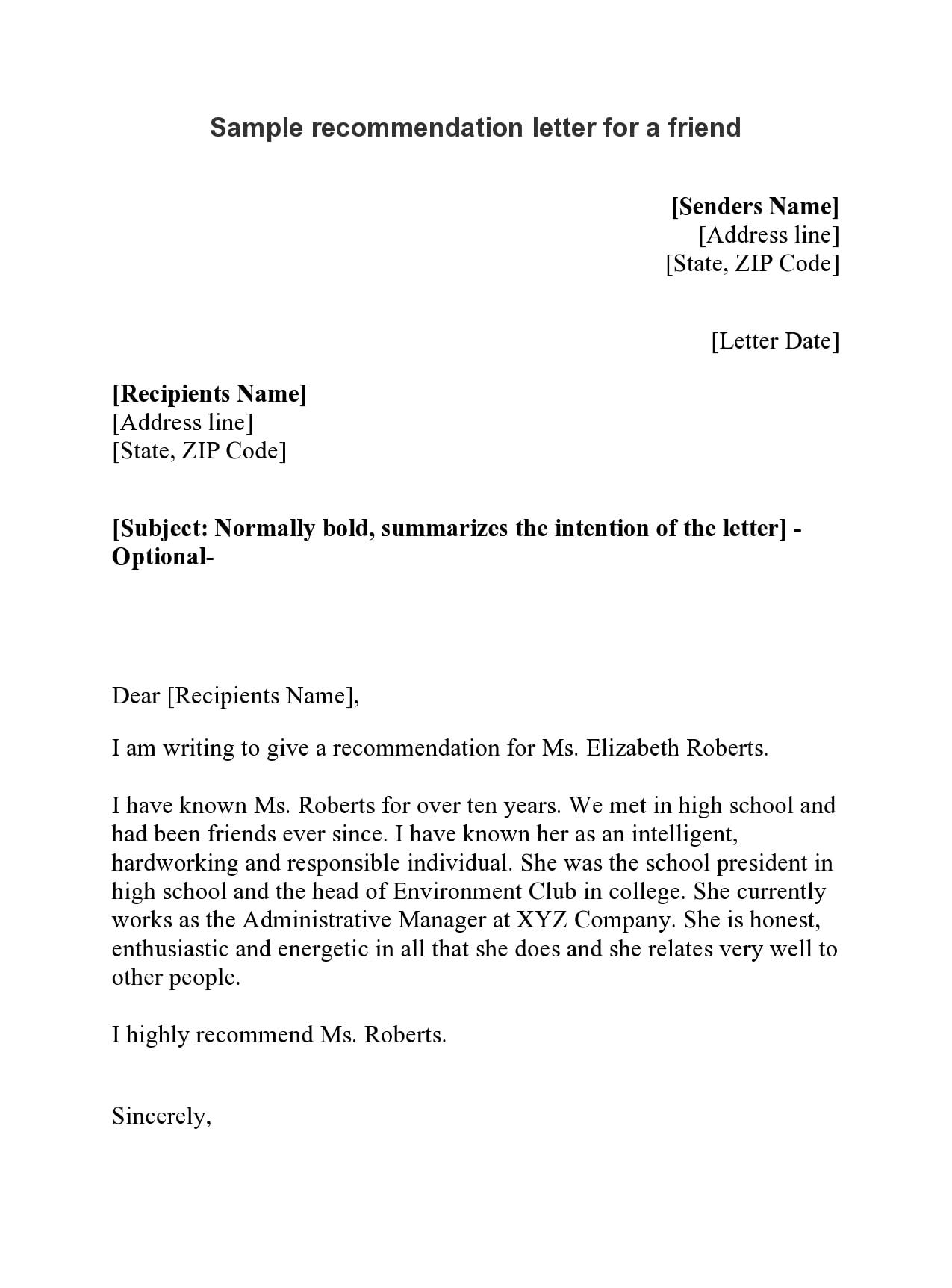 reference letter for a friend