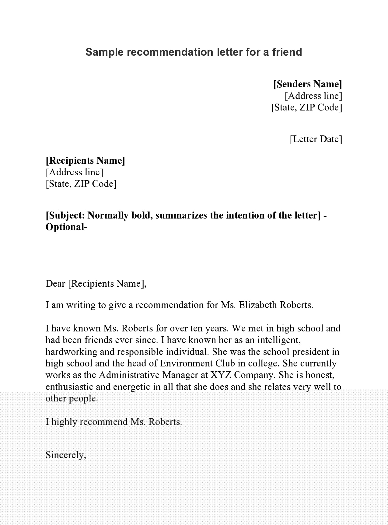 reference letter for employment from friend
