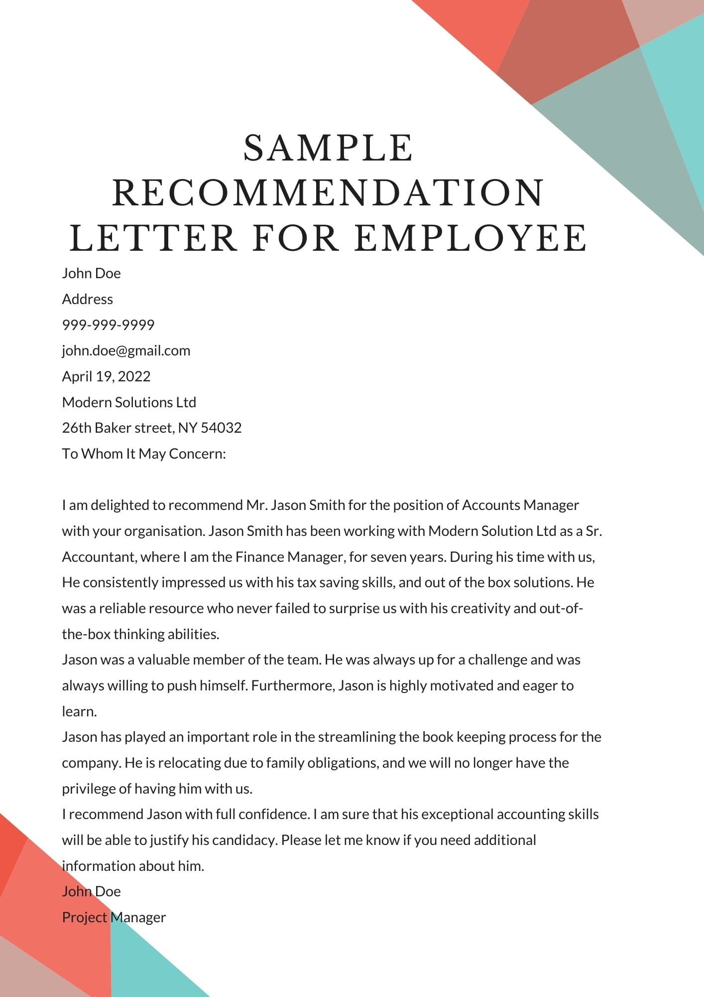 reference letter sample for employee