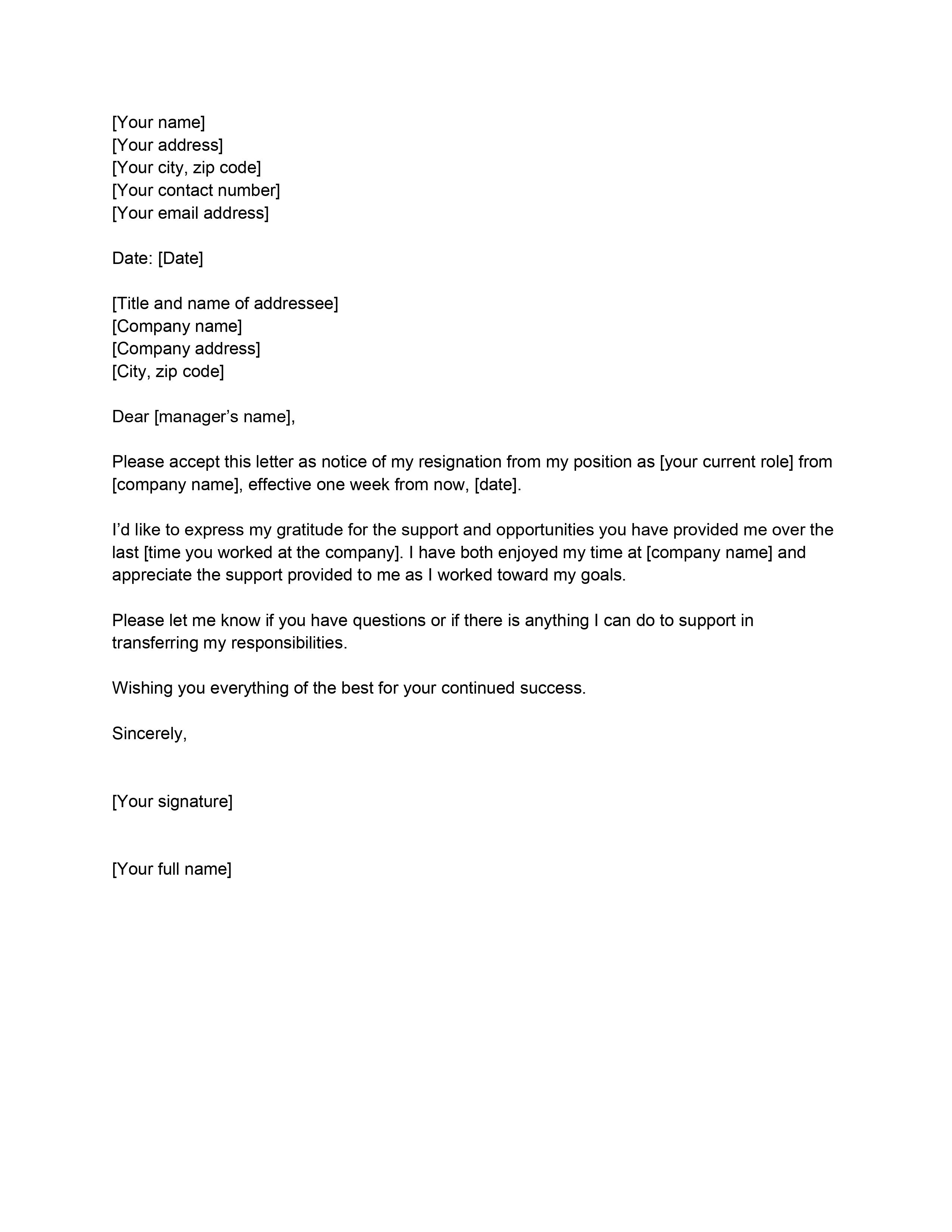 resignation letter 1 week notice