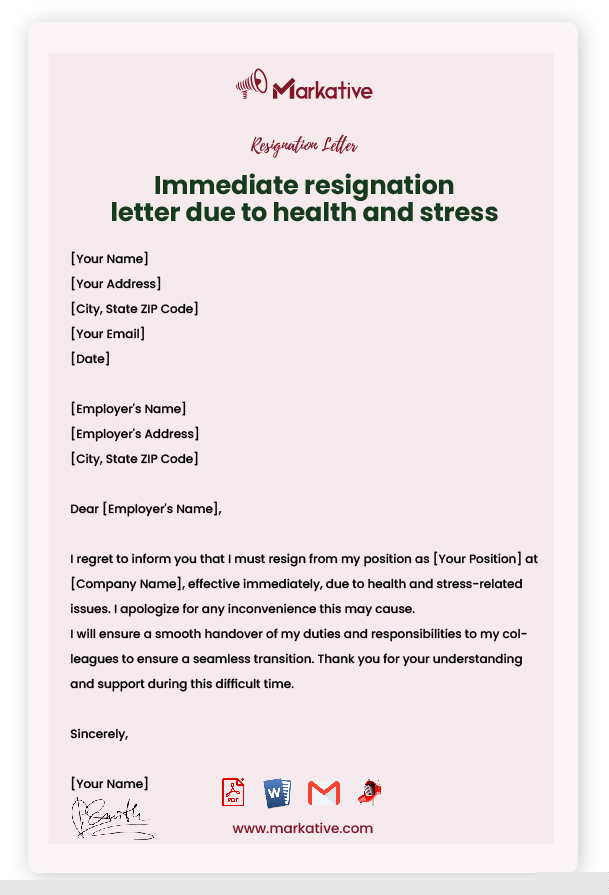 resignation letter due to health and stress