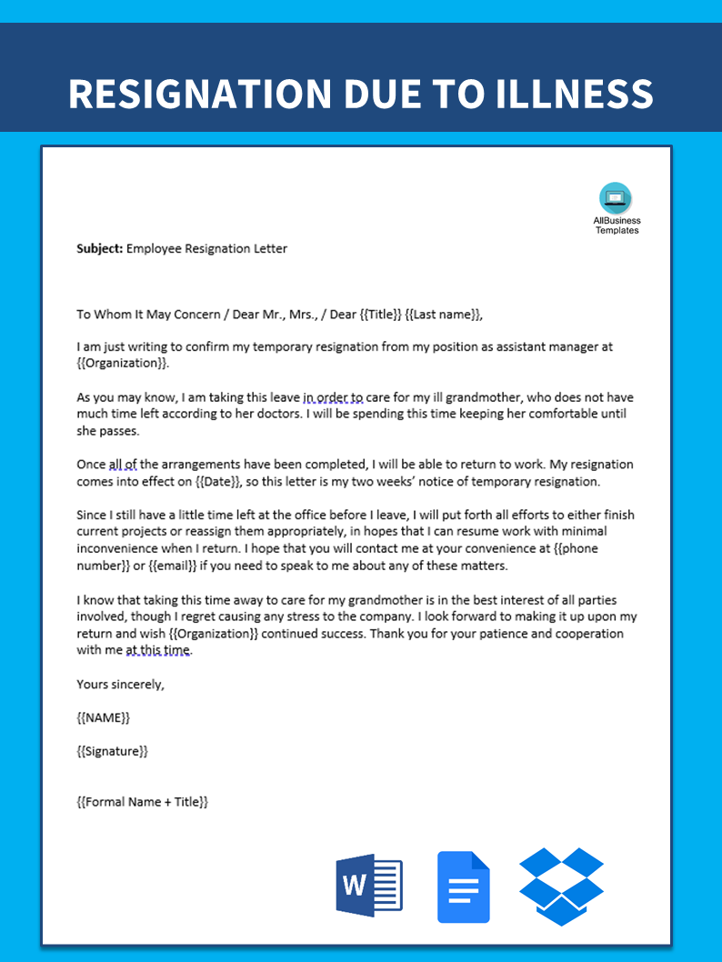 resignation letter due to health condition