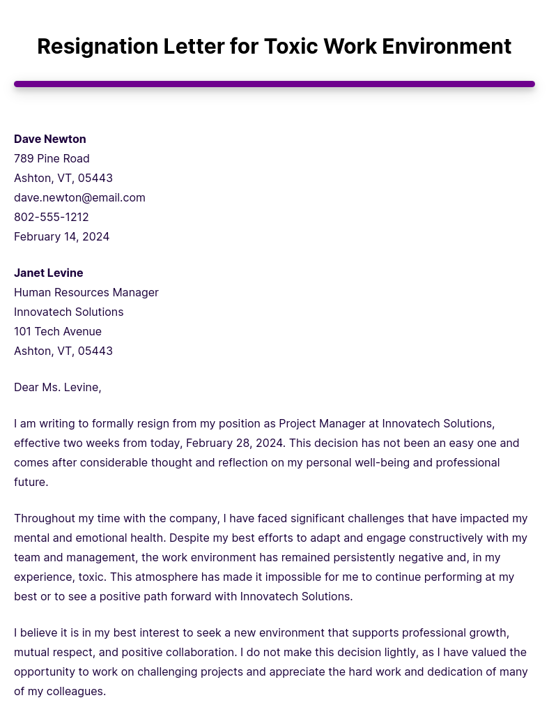 resignation letter due to hostile work environment