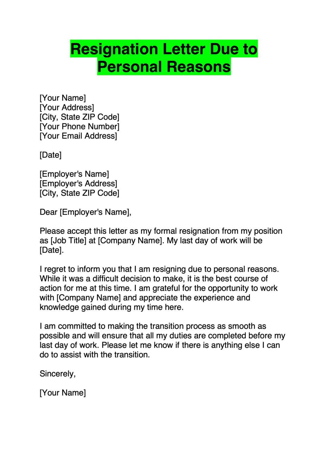 resignation letter due to personal reasons