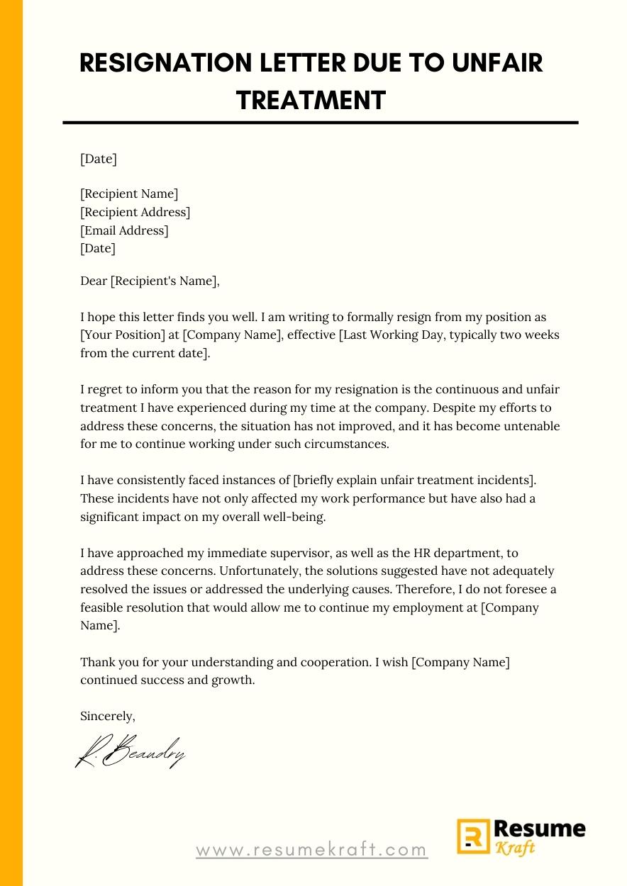 resignation letter due to unfair treatment