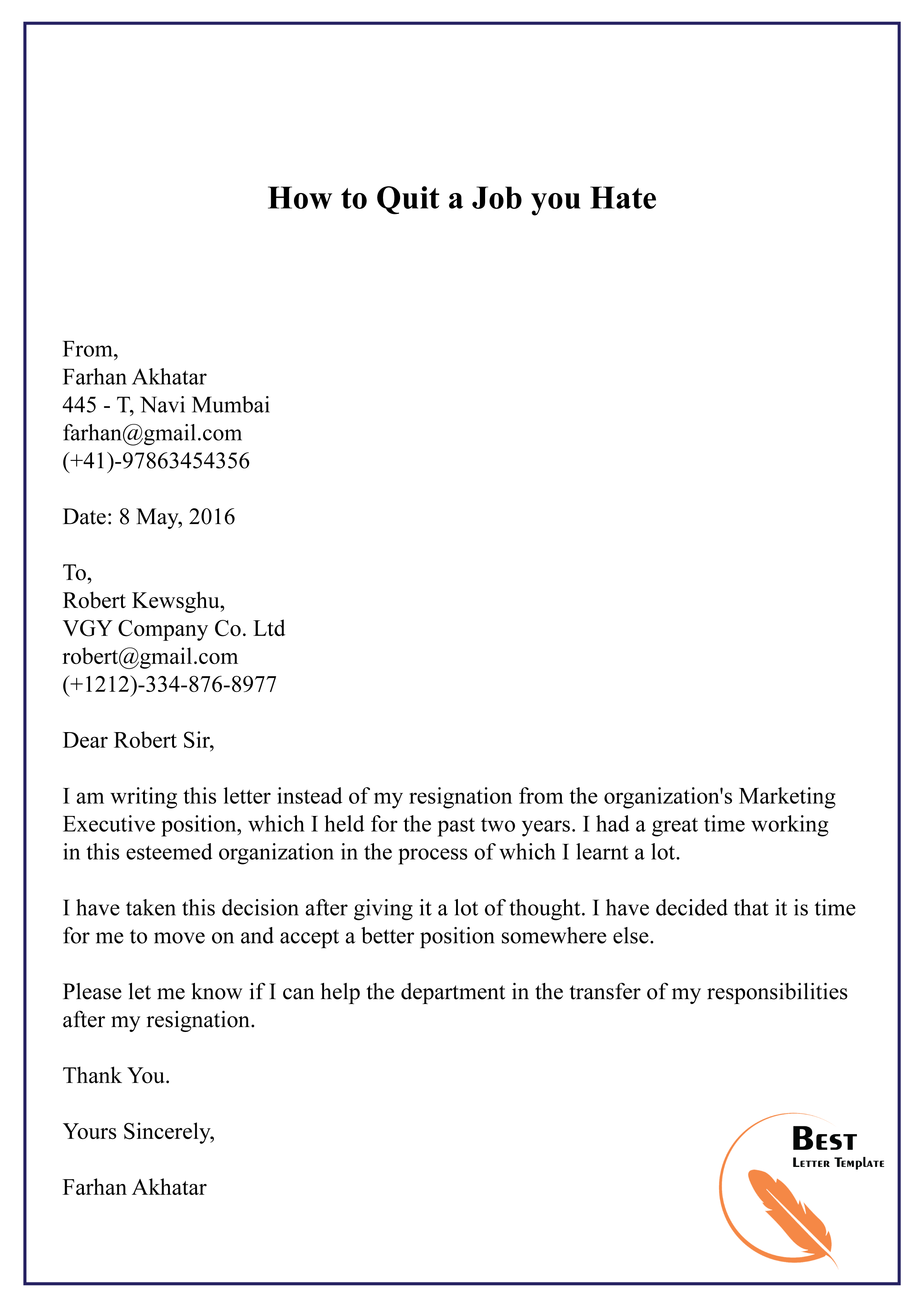 resignation letter for a job you hate