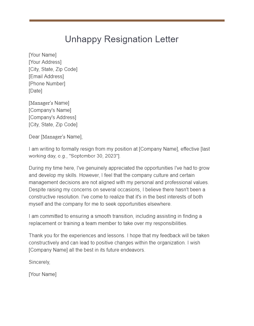 resignation letter unhappy with management