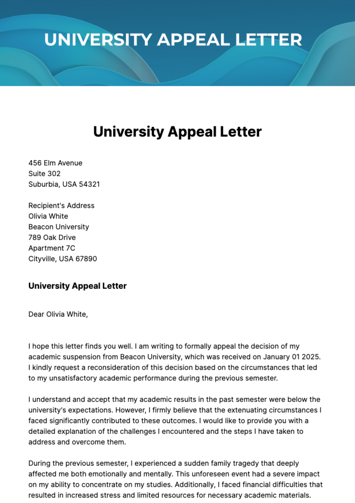 sample appeal letter for university