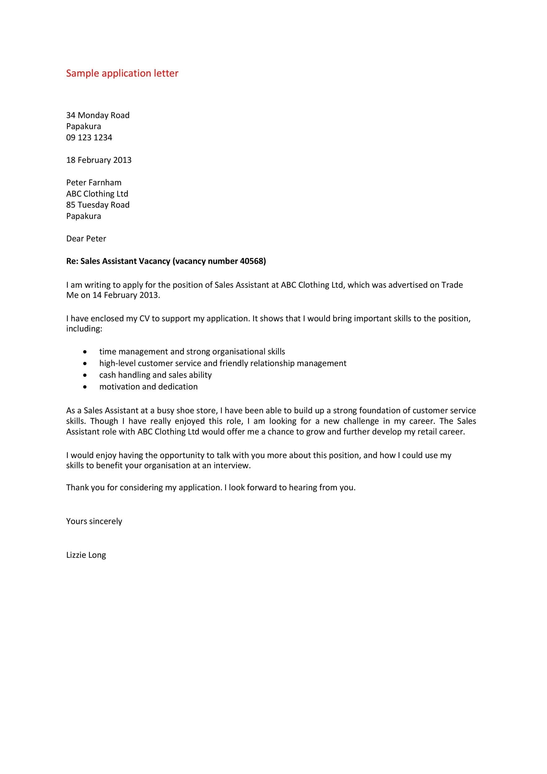 sample application letter for it job