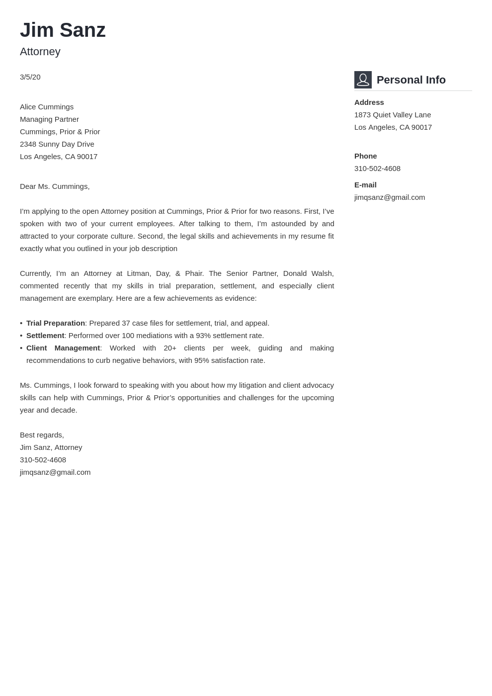 sample application letter for lawyers