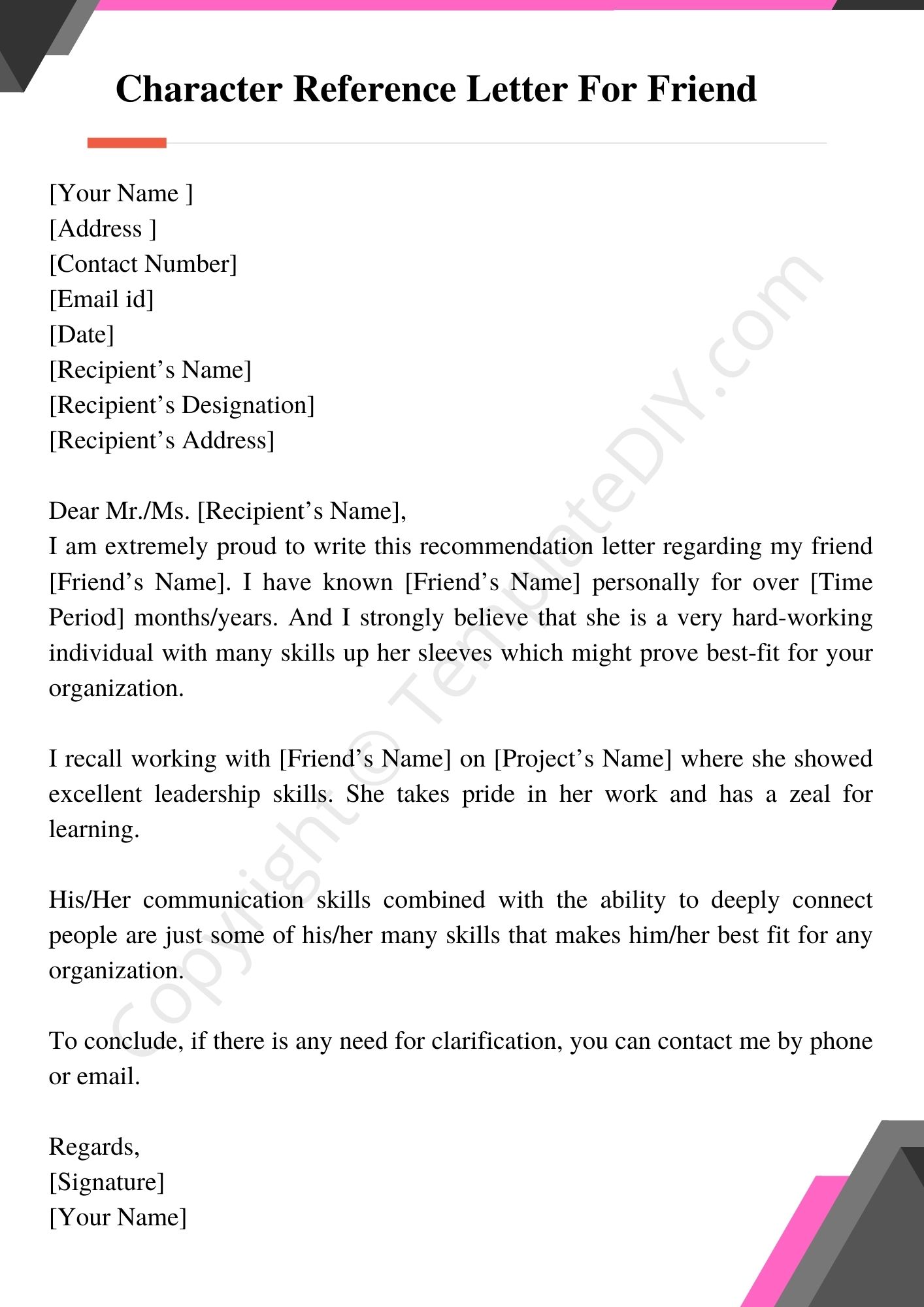 sample character reference letter for a friend