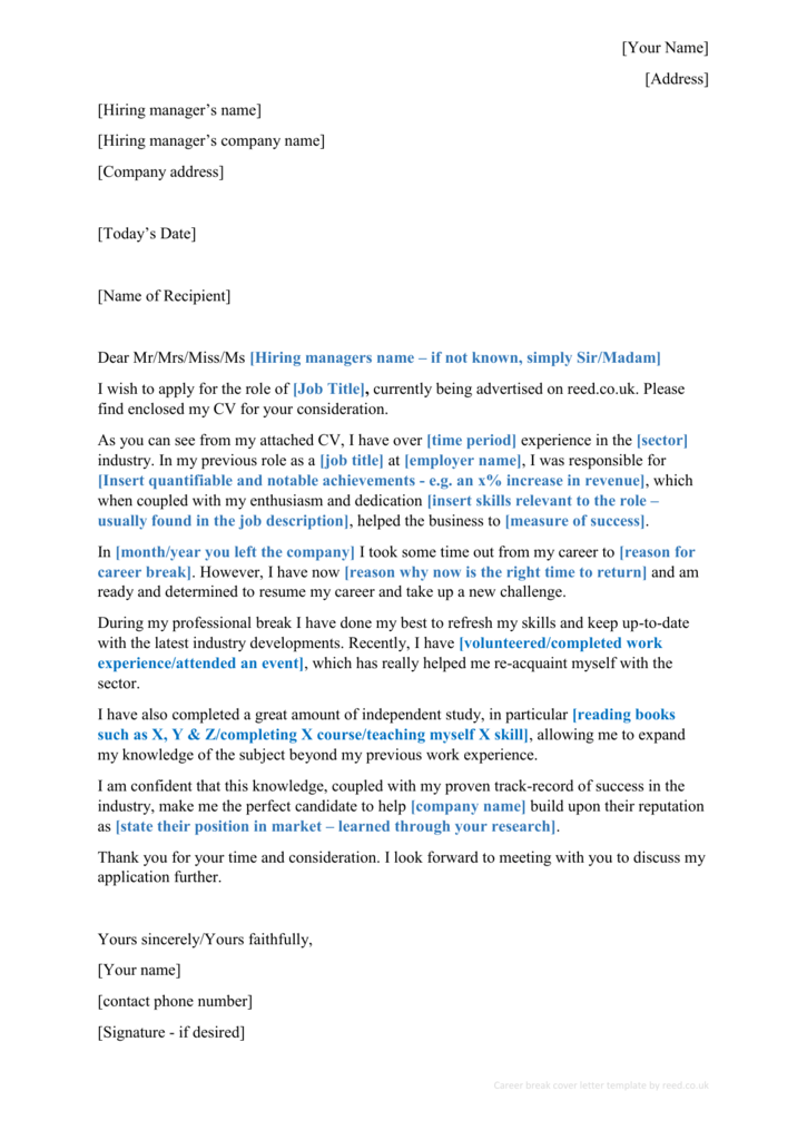 sample cover letter career break and relocated