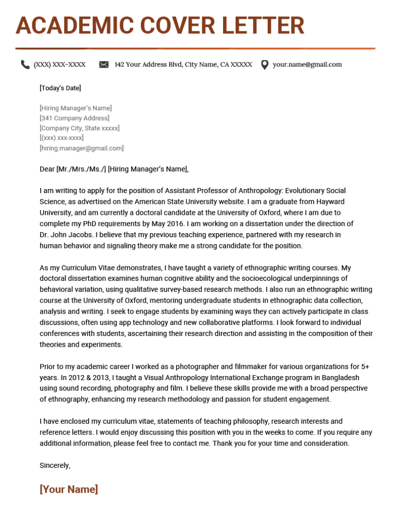 sample cover letter for academic position