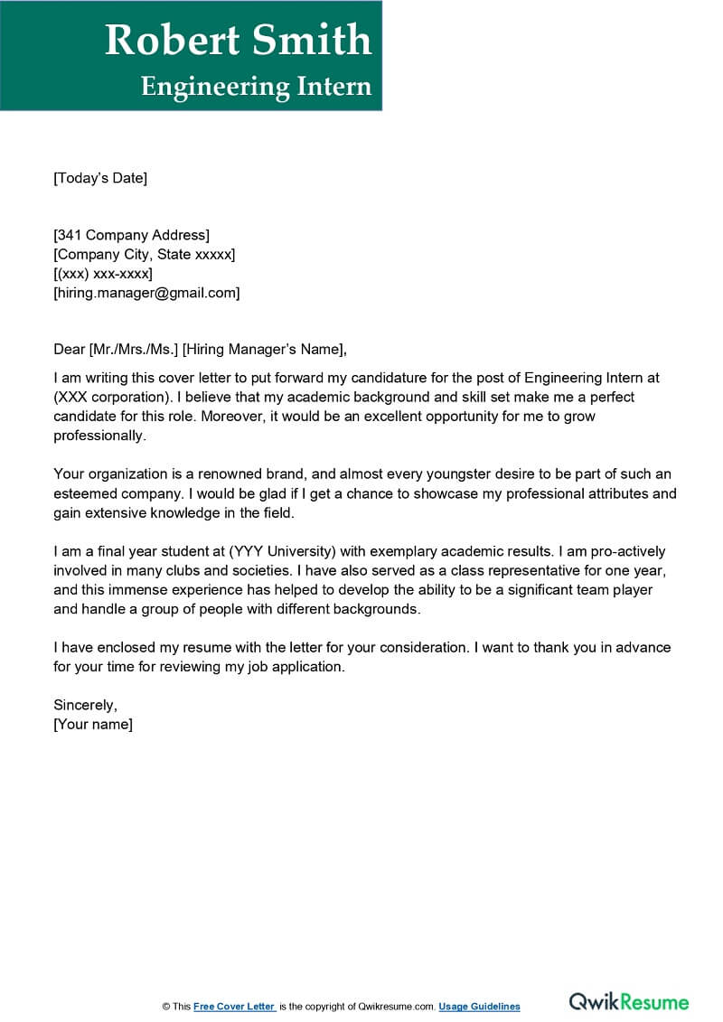 sample cover letter for engineering internship