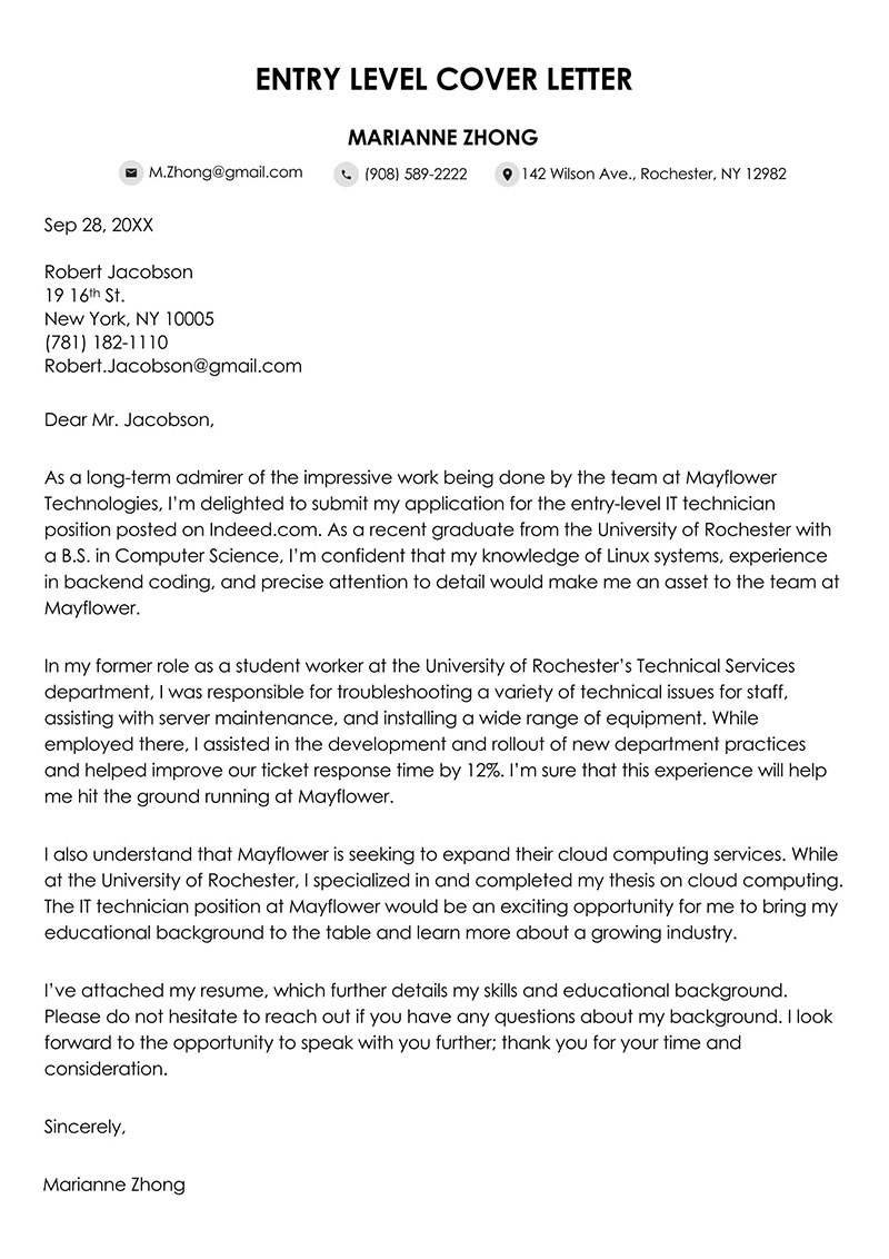 sample cover letter for entry level job