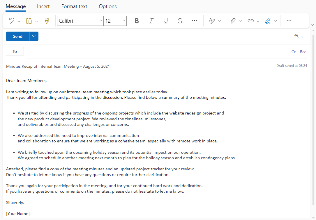 sample email minutes of meeting