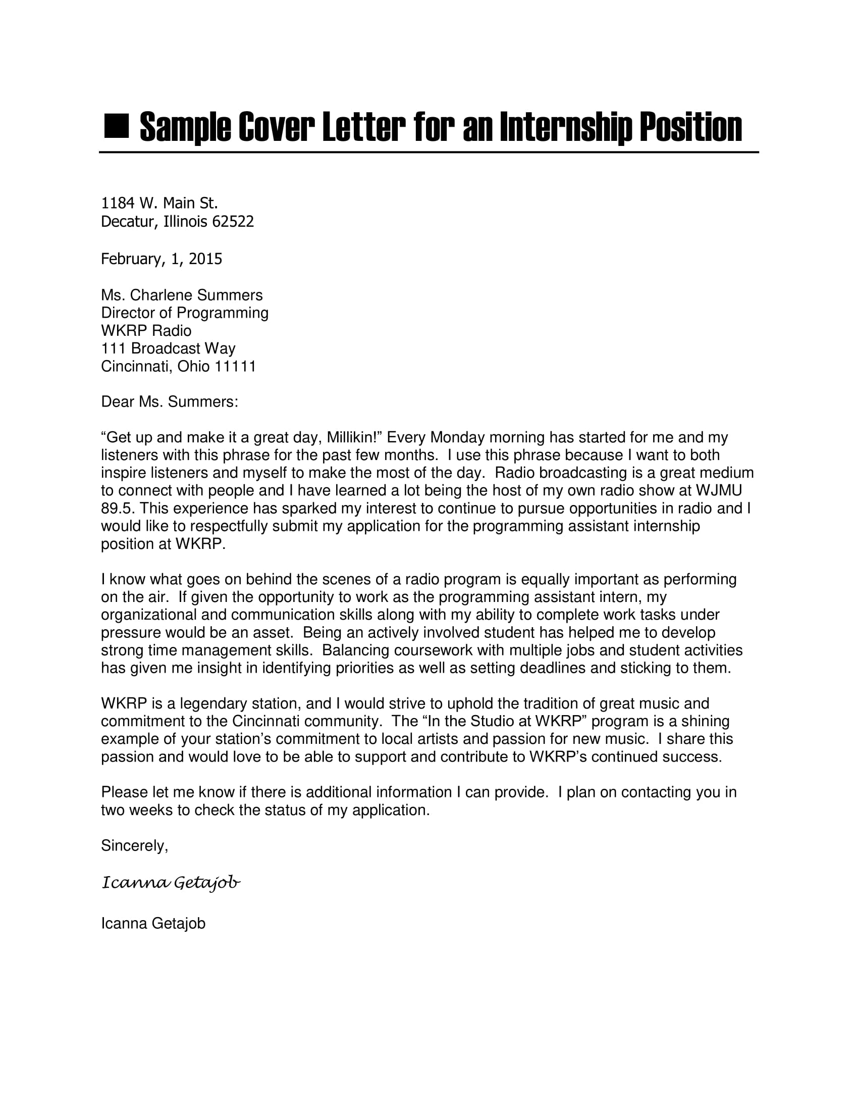 sample internship cover letter examples