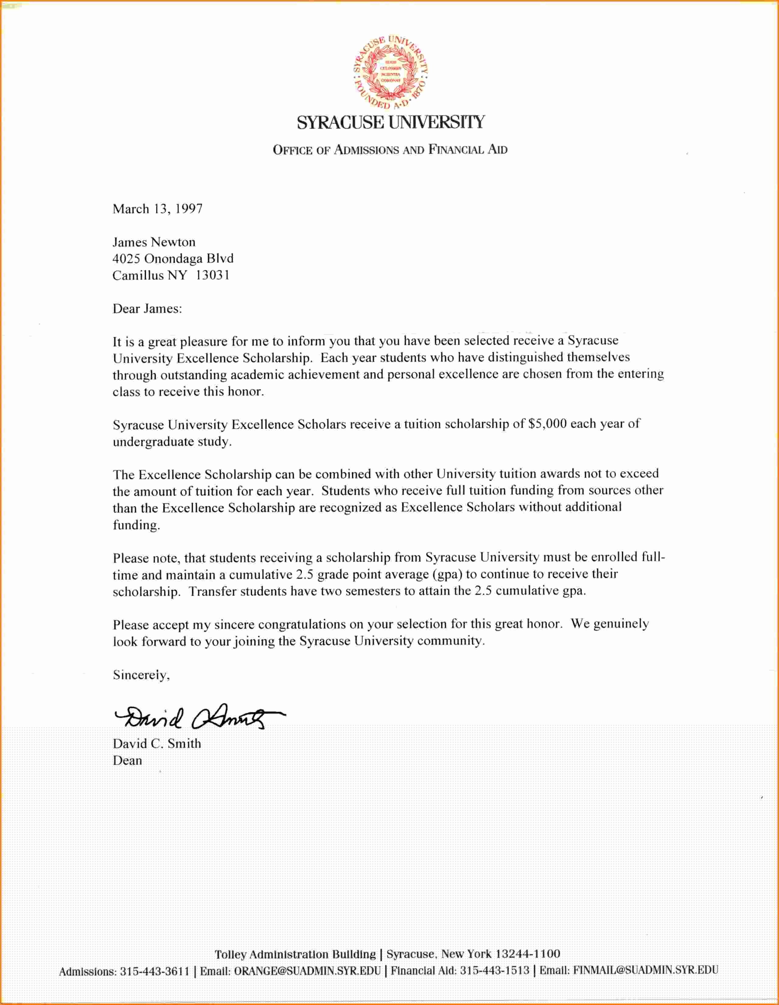 sample letter for scholarship award
